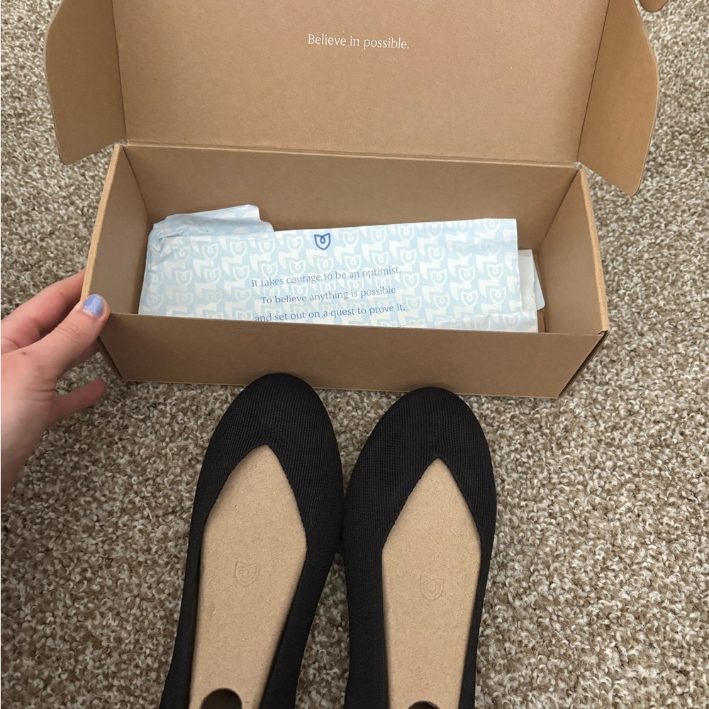 Rothy's The Daily Flat Black Knit Ballet Flats with Blue Heel Trim - Picture 5 of 11